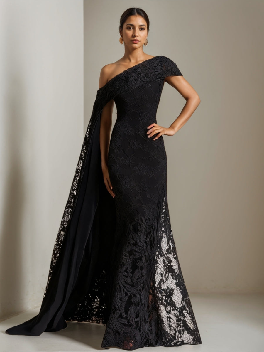 Robe soirée sirène une épaule dentelle, cape épaule