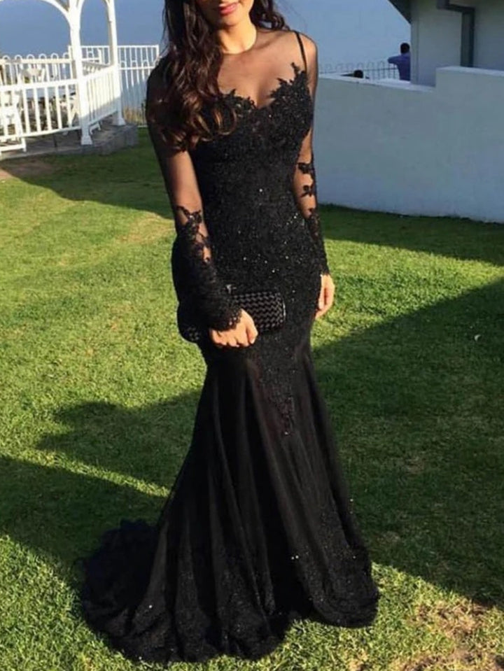 Robe soirée sirène tulle manches longues dentelle, longueur sol