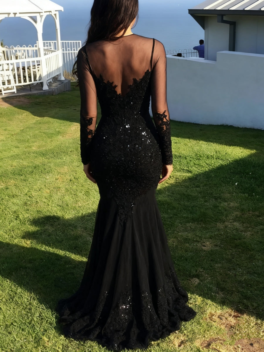 Robe soirée sirène tulle manches longues dentelle, longueur sol
