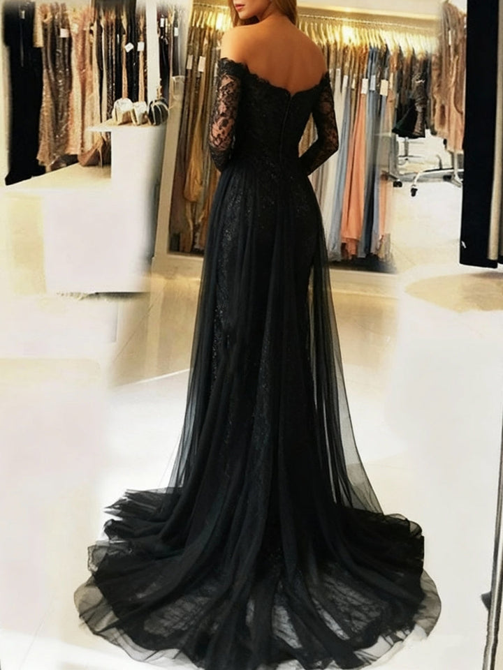 Robe soirée sirène manches tombantes, dentelle, fente devant, traîne, longueur sol