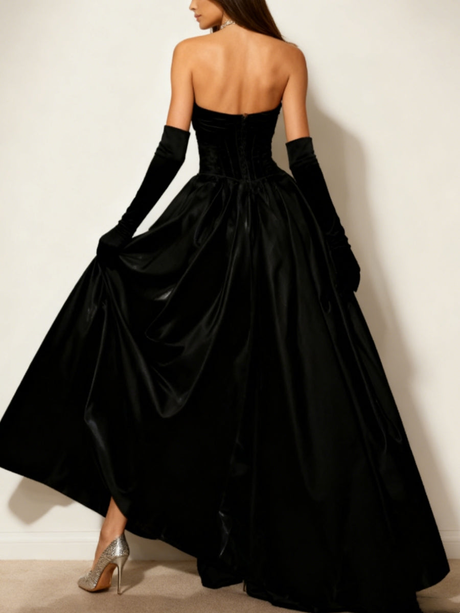 Robe soirée ligne A sans bretelles asymétrique, longueur sol, plissé