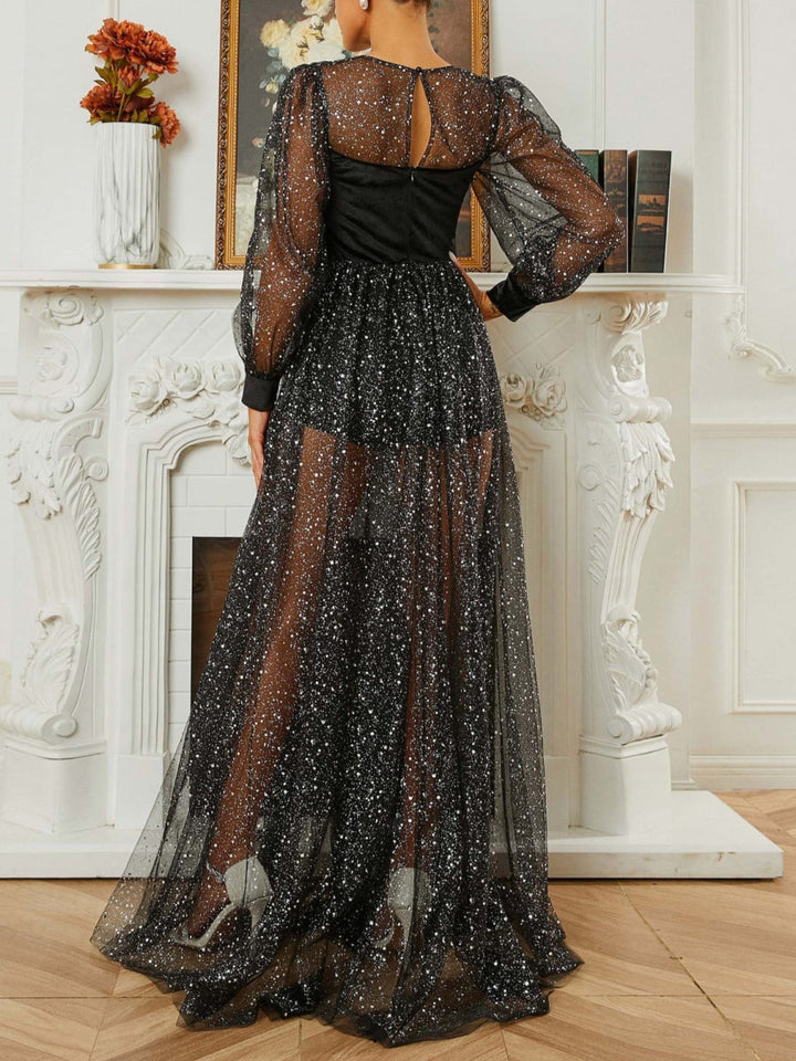 Robe soirée ligne A col rond sequins manches longues, manches transparentes, longueur sol