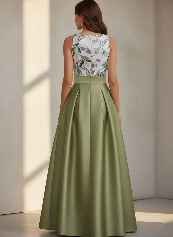 Robe soirée ligne A col rond satin sans manches floral sequins, longueur sol