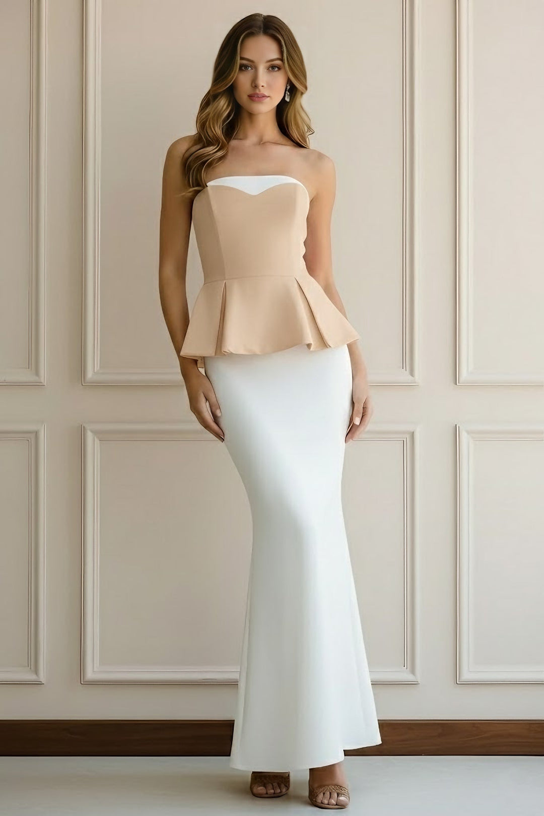 Robe soirée sirène manches tombantes satin stretch sans manches volants, longueur sol
