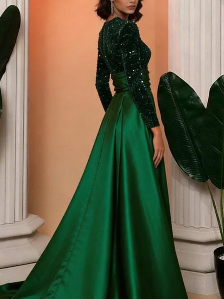 Robe soirée ligne A col rond satin manches longues sequins, traîne cour, longueur sol