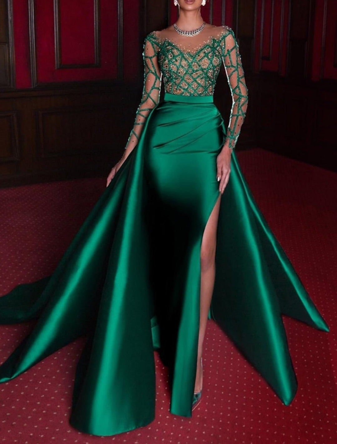 Robe soirée sirène col rond satin manches longues sequins, fente latérale, traîne cour, longueur sol