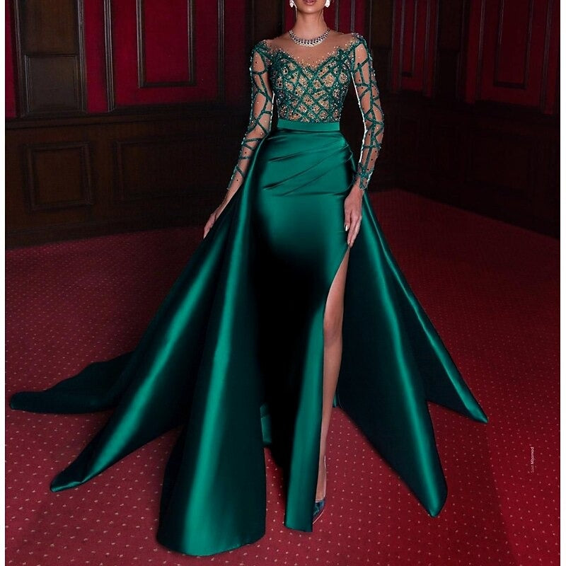 Robe soirée sirène col rond satin manches longues sequins, fente latérale, traîne cour, longueur sol