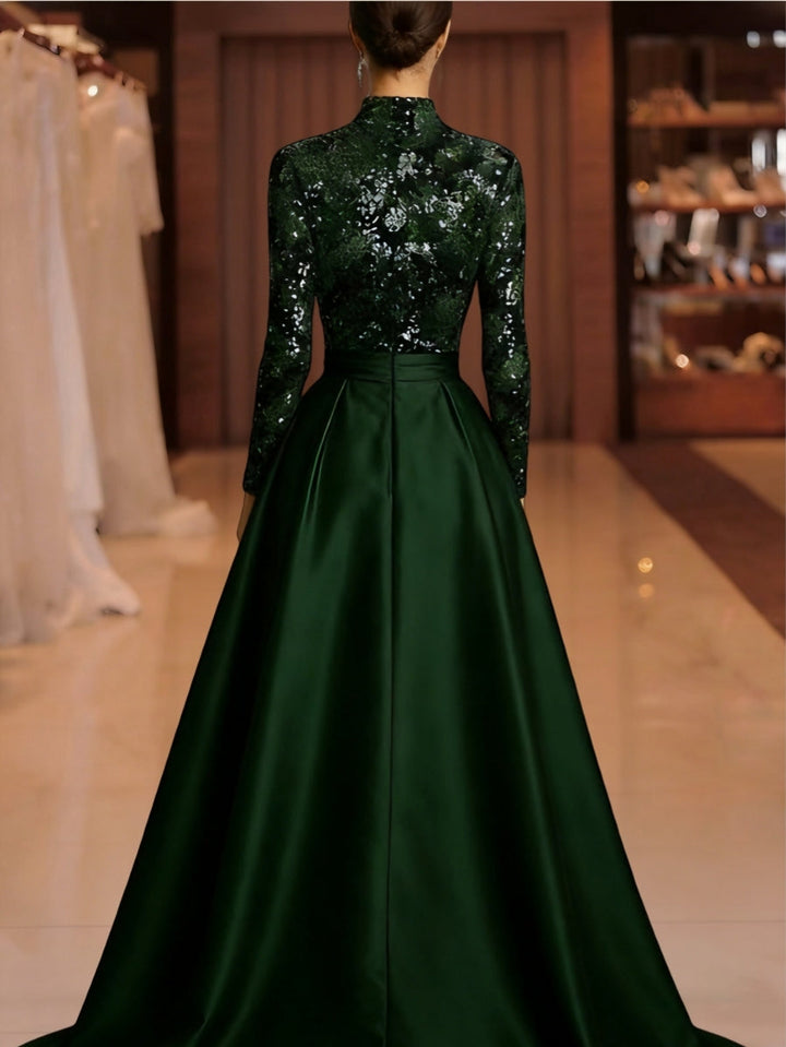 Robe soirée ligne A col haut satin manches longues sequins, longueur sol