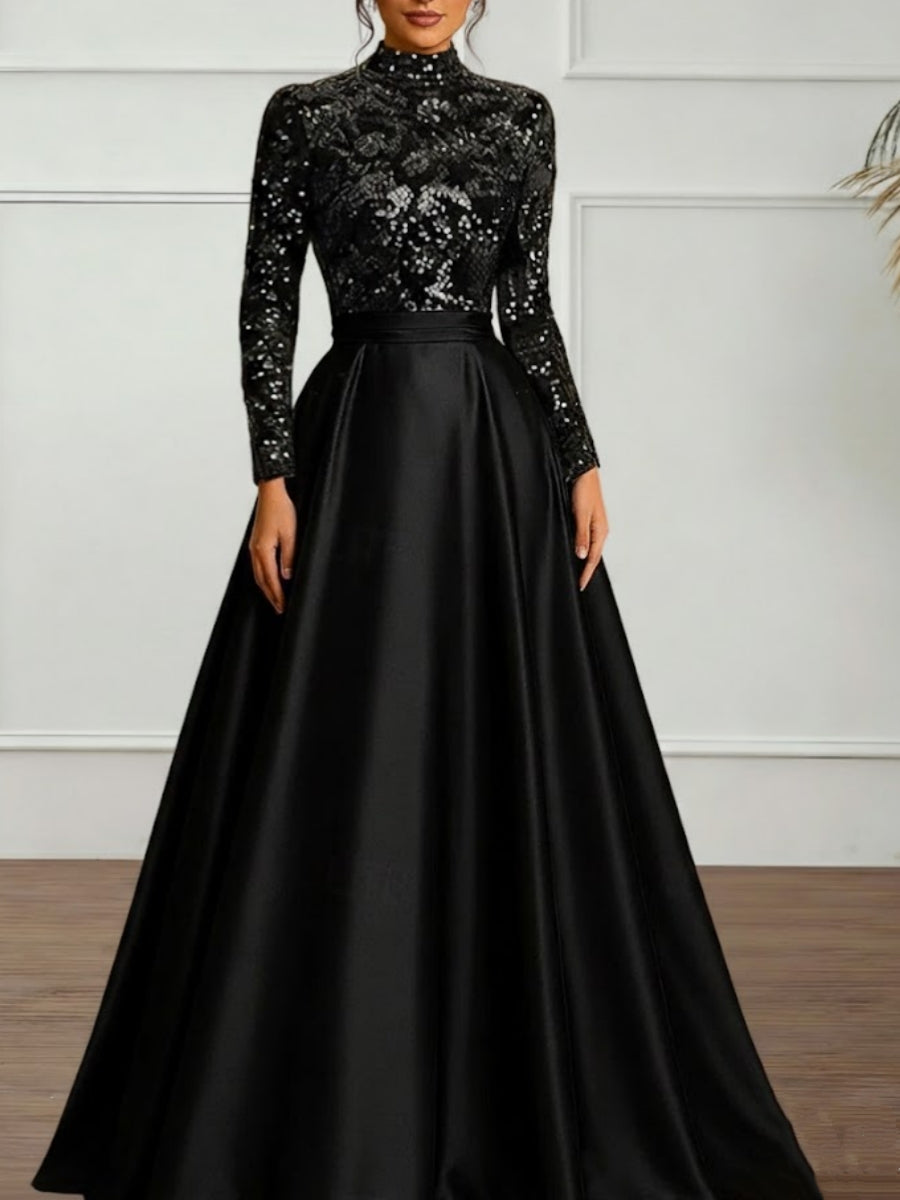 Robe soirée ligne A col haut satin manches longues sequins, longueur sol