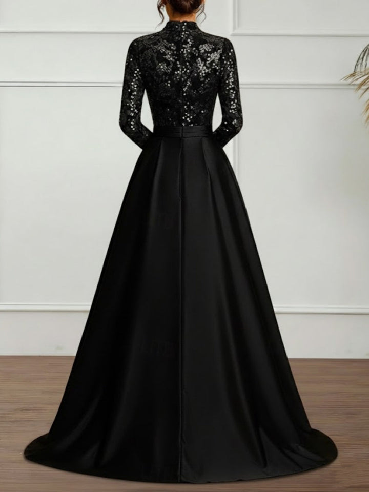 Robe soirée ligne A col haut satin manches longues sequins, longueur sol