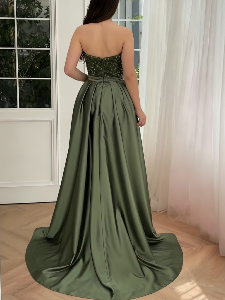 Robe soirée sirène sans bretelles satin sequins sans manches perles, surjupe, longueur sol