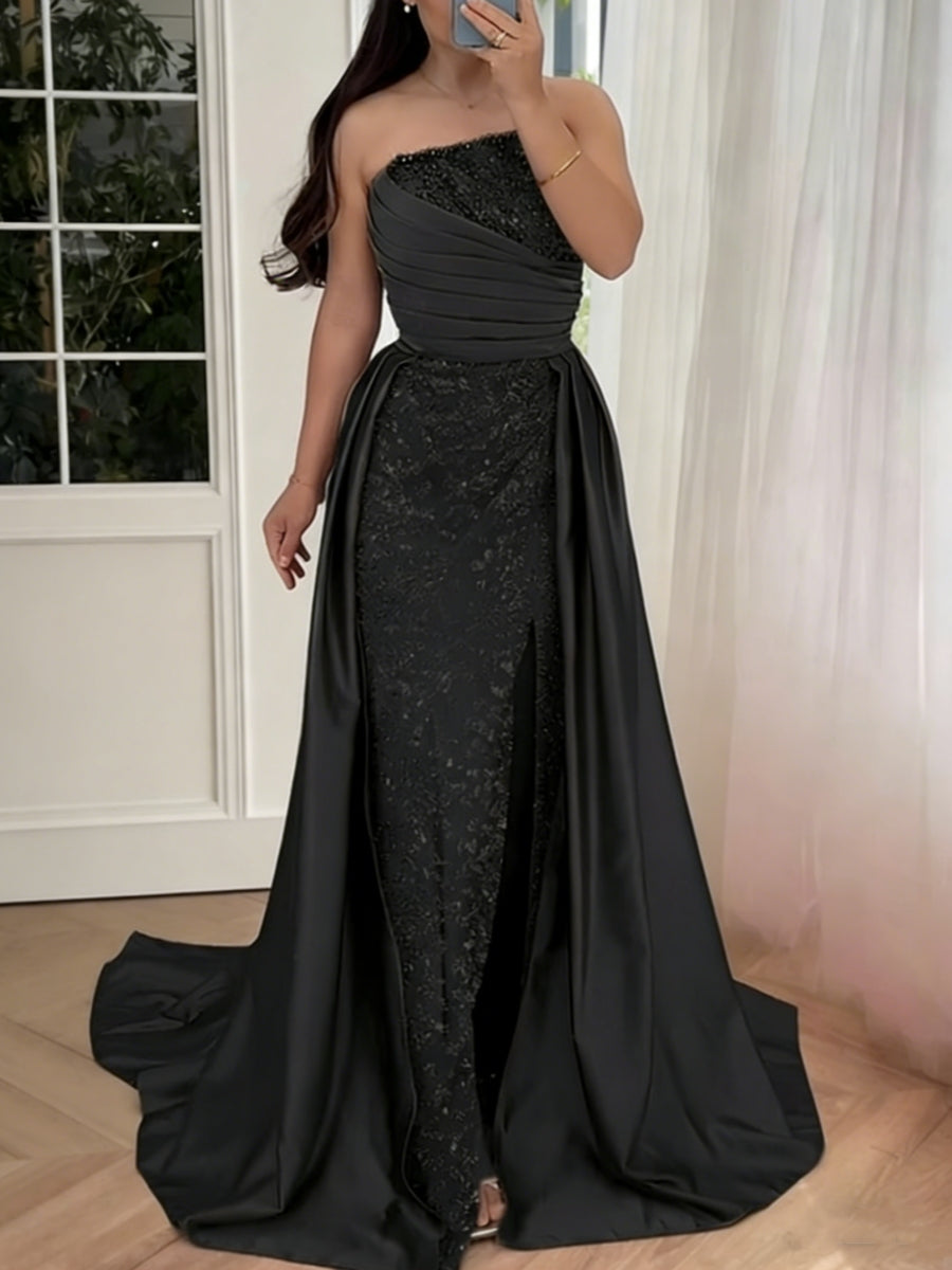 Robe soirée sirène sans bretelles satin sequins sans manches perles, surjupe, longueur sol
