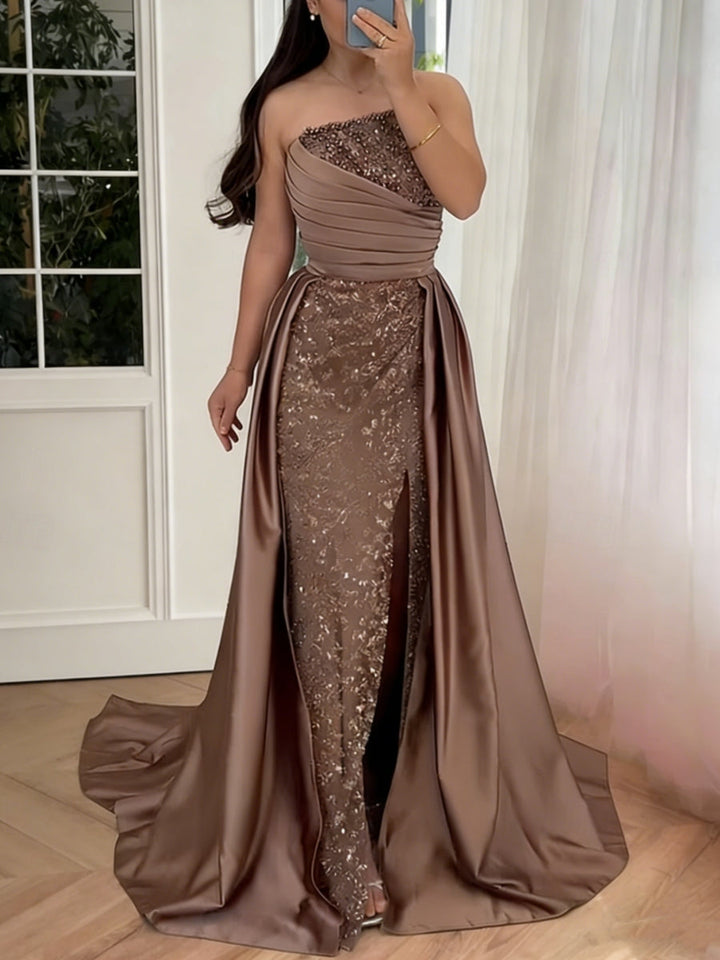 Robe soirée sirène sans bretelles satin sequins sans manches perles, surjupe, longueur sol