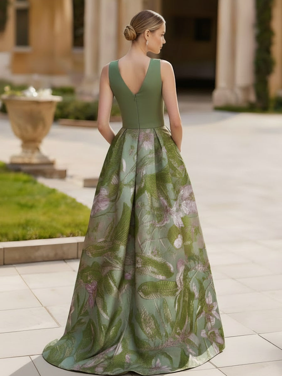 Robe soirée ligne A col V satin sans manches floral nœud, fente latérale, longueur sol