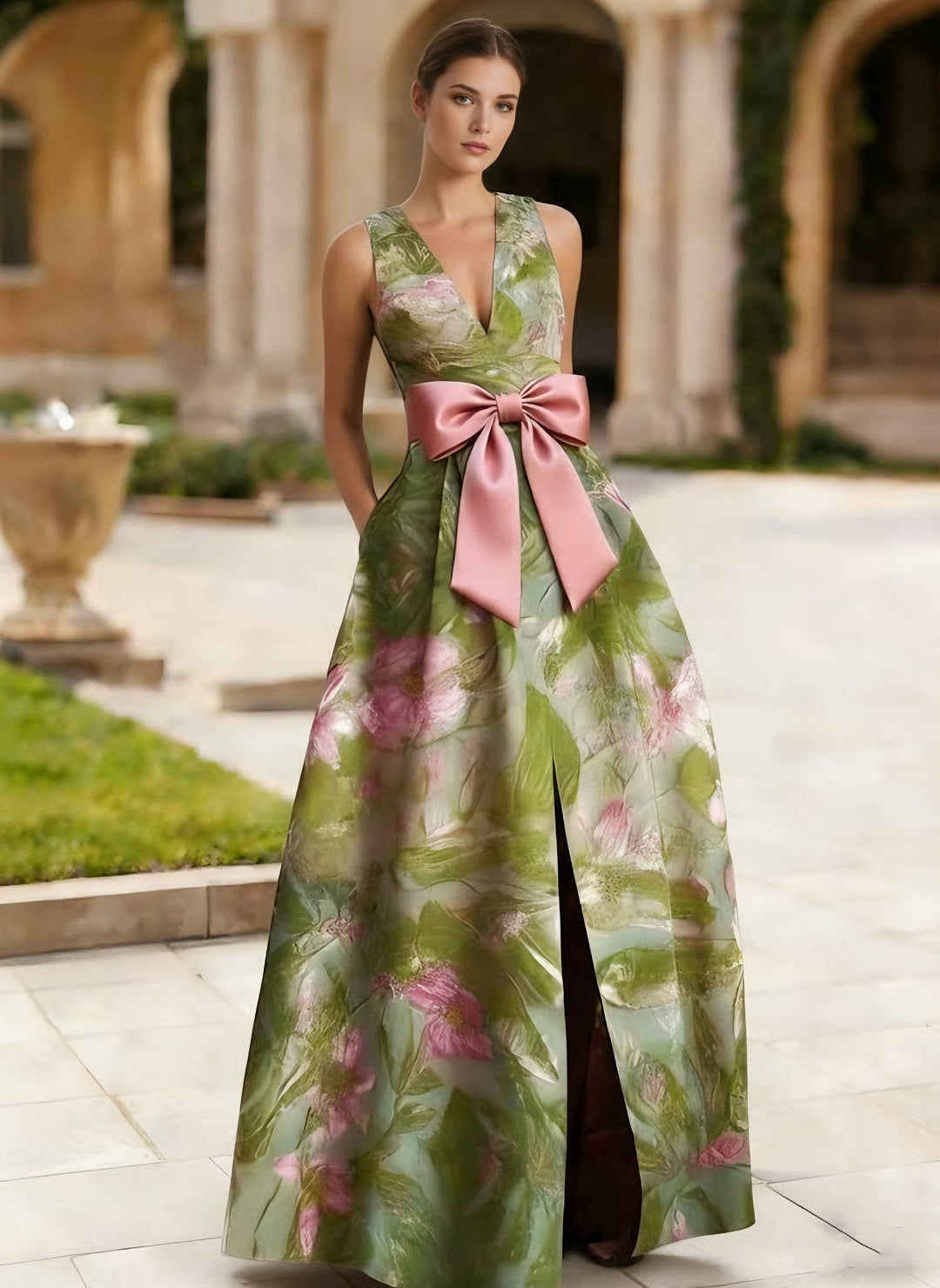 Robe soirée ligne A col V satin sans manches floral nœud, fente latérale, longueur sol
