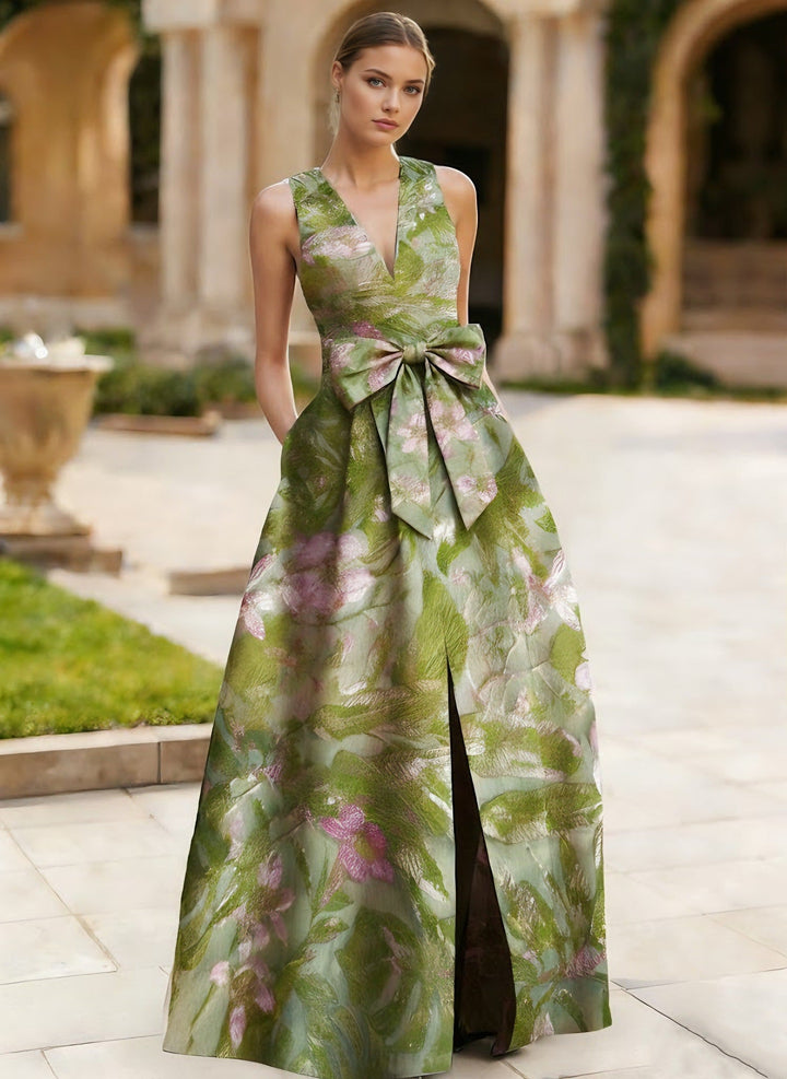 Robe soirée ligne A col V satin sans manches floral nœud, fente latérale, longueur sol