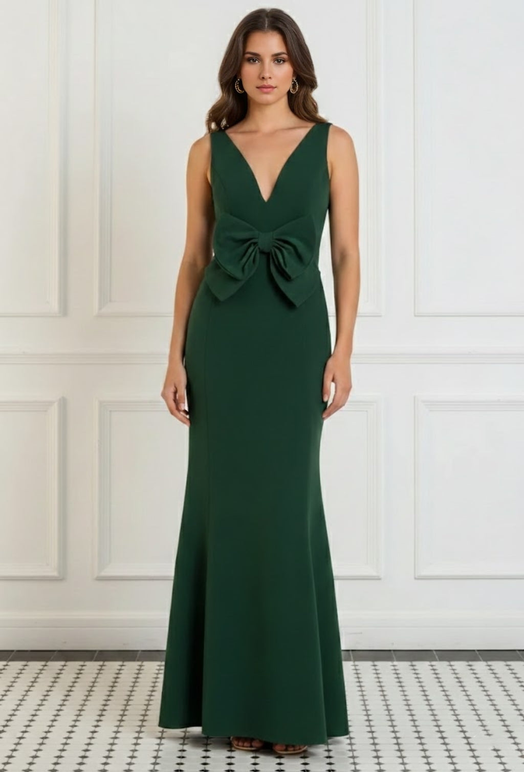 Robe soirée sirène col V satin stretch sans manches nœud, longueur sol