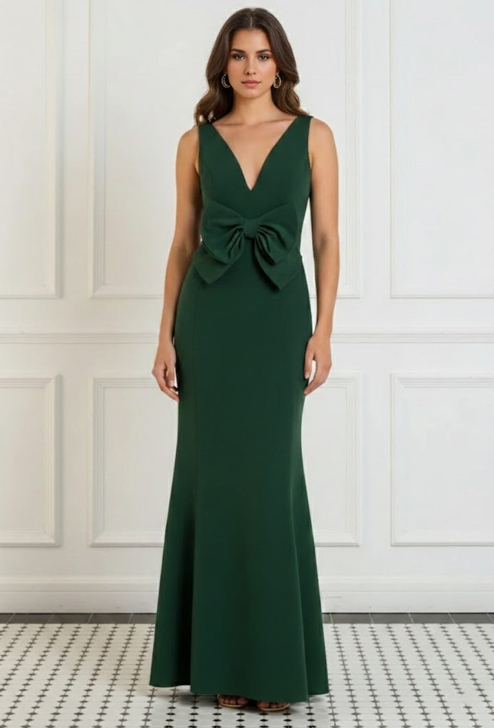 Robe soirée sirène col V satin stretch sans manches nœud, longueur sol