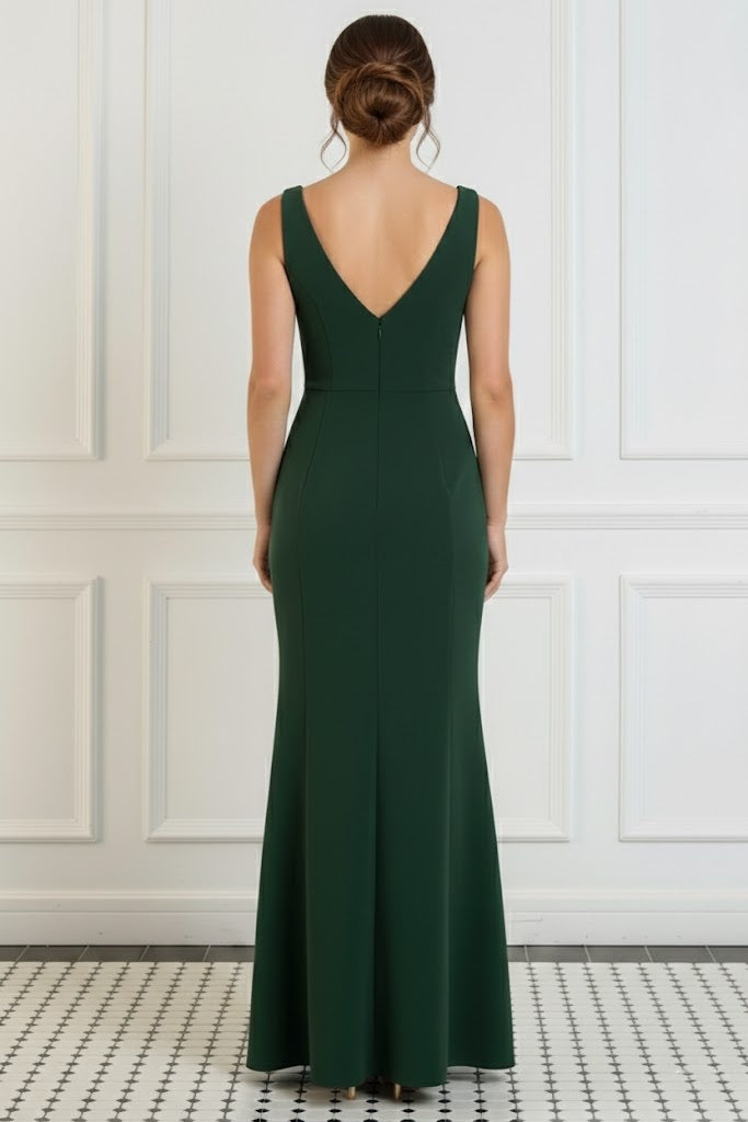 Robe soirée sirène col V satin stretch sans manches nœud, longueur sol