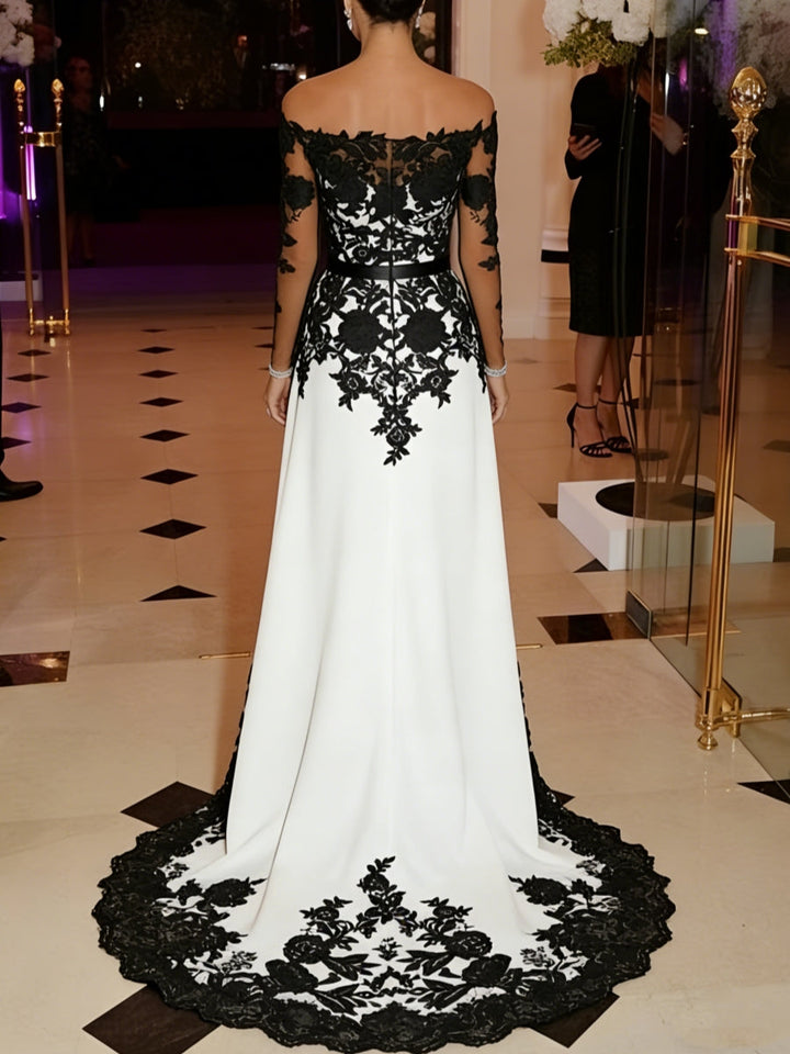 Robe soirée combinaison manches tombantes satin stretch surjupe dentelle manches longues, longueur sol