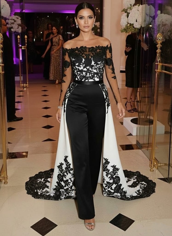 Robe soirée combinaison manches tombantes satin stretch surjupe dentelle manches longues, longueur sol