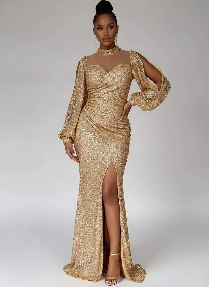 Robe soirée fourreau col haut sequins, fente latérale, manches longues, longueur sol