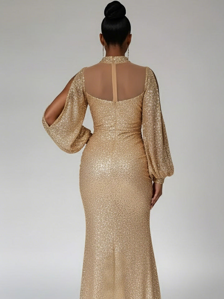 Robe soirée fourreau col haut sequins, fente latérale, manches longues, longueur sol