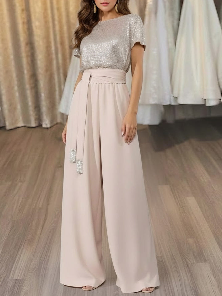 Robe soirée combinaison col rond satin stretch sequins ceinture manches courtes, longueur sol