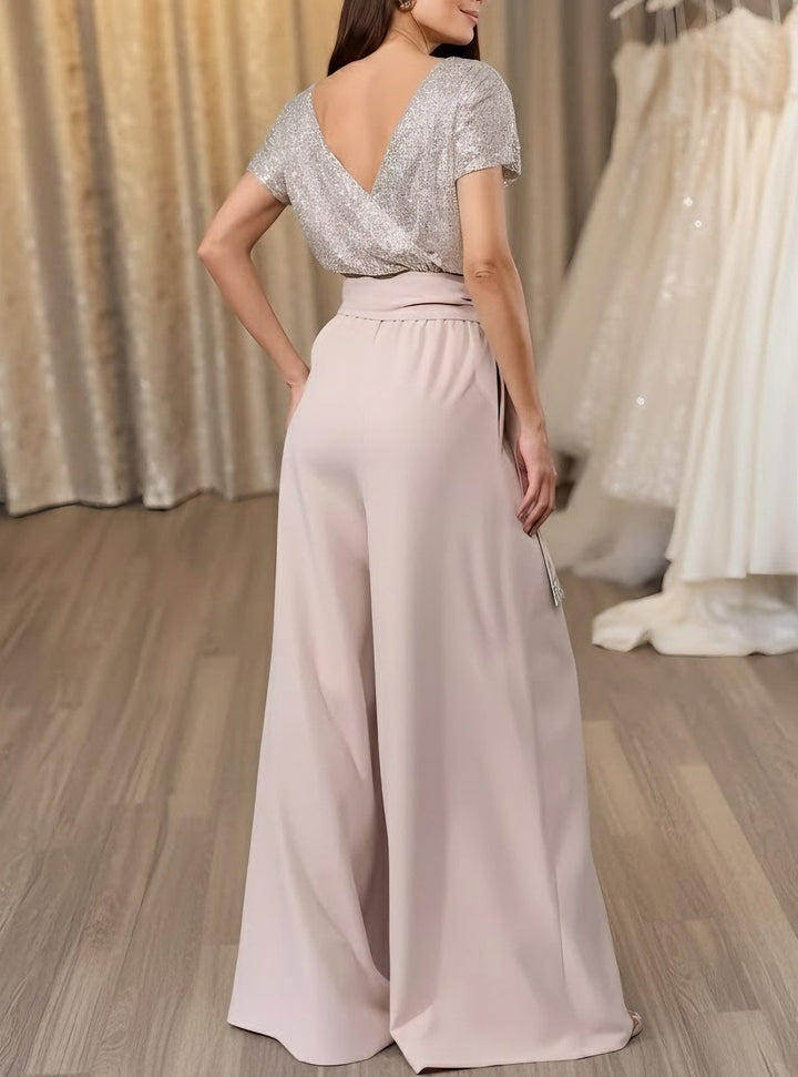 Robe soirée combinaison col rond satin stretch sequins ceinture manches courtes, longueur sol