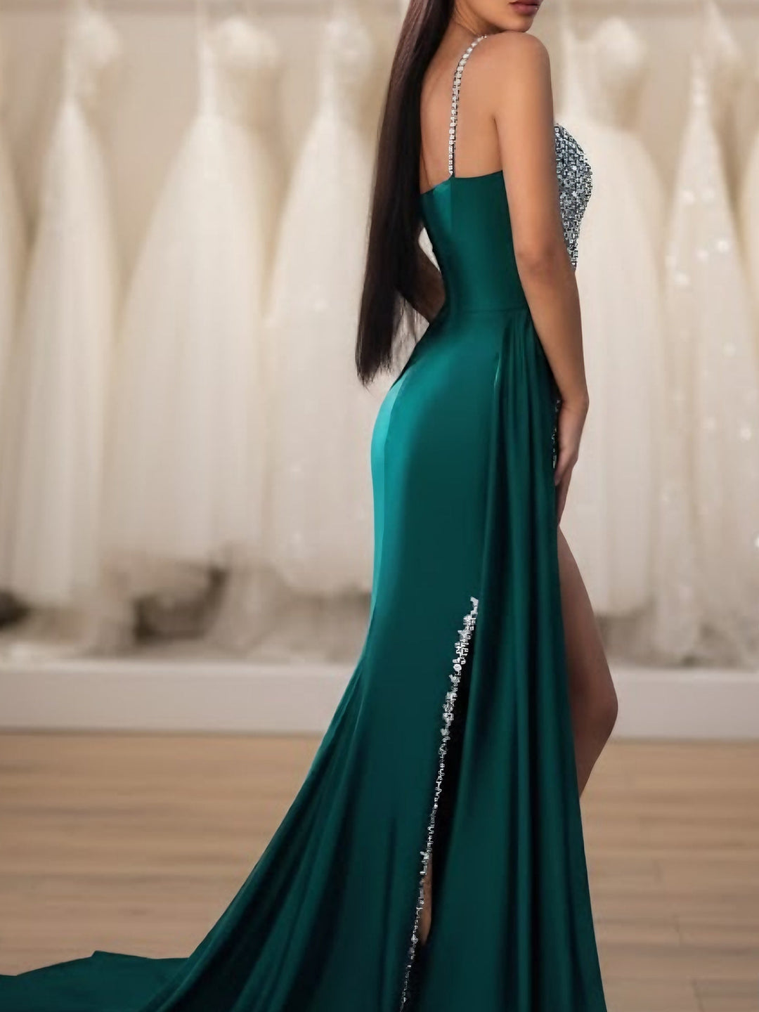 Robe soirée fourreau manches tombantes satin, fente latérale, traîne Watteau, sans manches, traîne, longueur sol