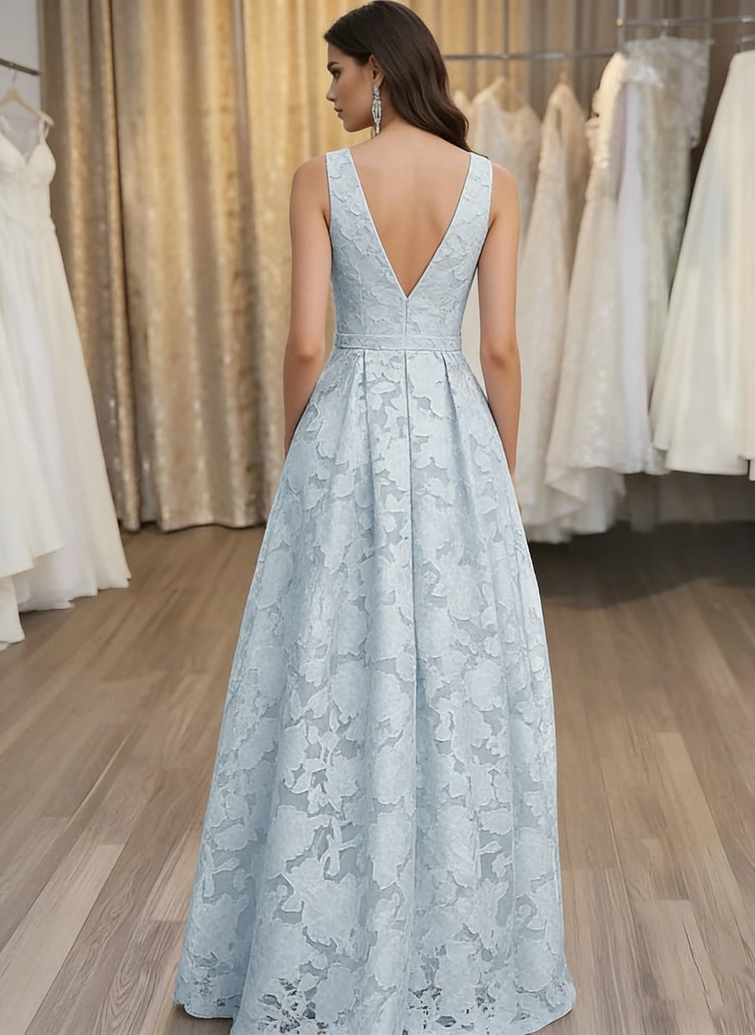 Robe soirée ligne A col V, dentelle florale, sans manches, longueur sol