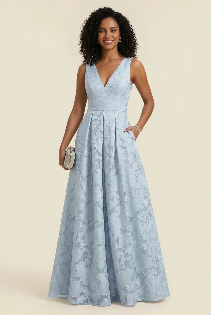 Robe soirée ligne A col V, dentelle florale, sans manches, longueur sol