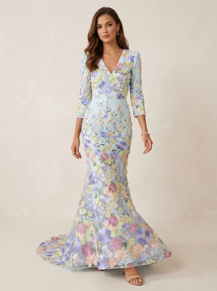 Robe soirée sirène col V, dentelle, broderie florale, manches 3/4, longueur sol
