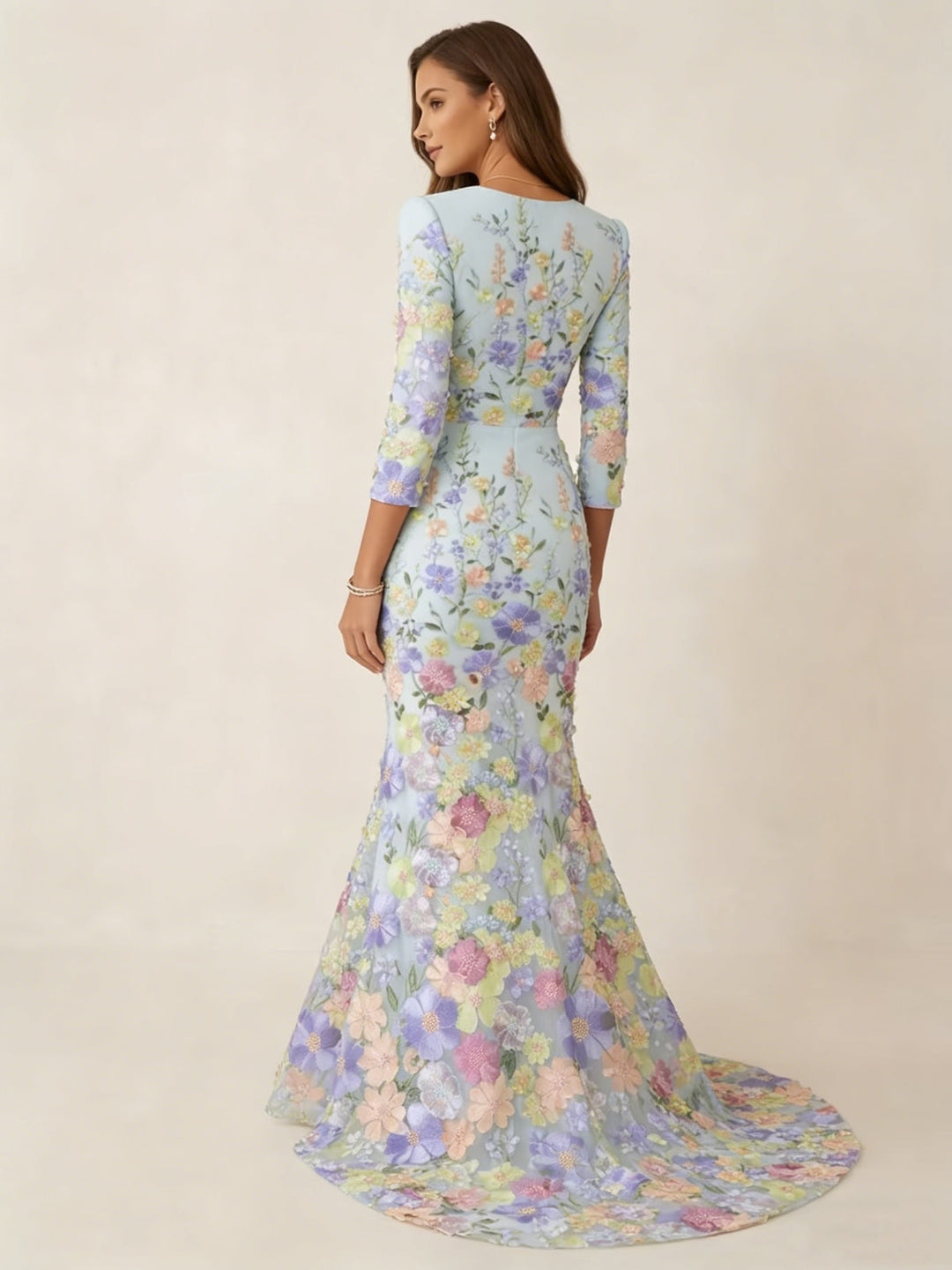Robe soirée sirène col V, dentelle, broderie florale, manches 3/4, longueur sol