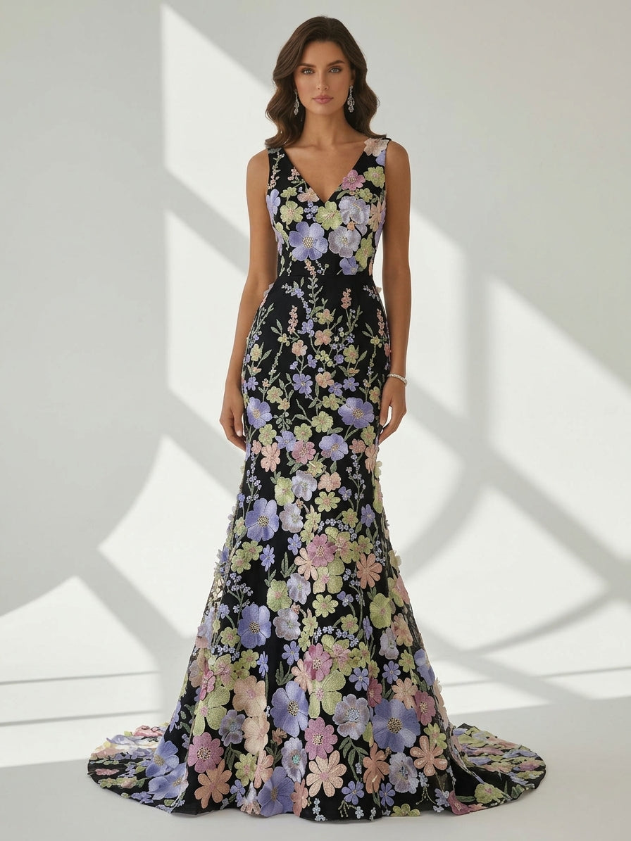 Robe soirée sirène col V, dentelle, broderie florale, sans manches, longueur sol