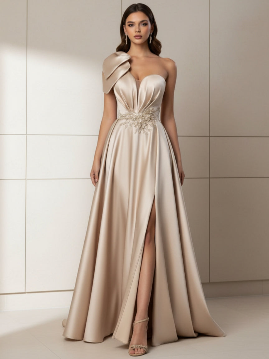 Robe soirée ligne A une épaule, satin, fente latérale, sans manches, perles, longueur sol