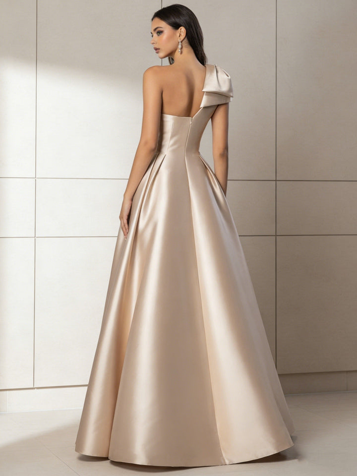 Robe soirée ligne A une épaule, satin, fente latérale, sans manches, perles, longueur sol