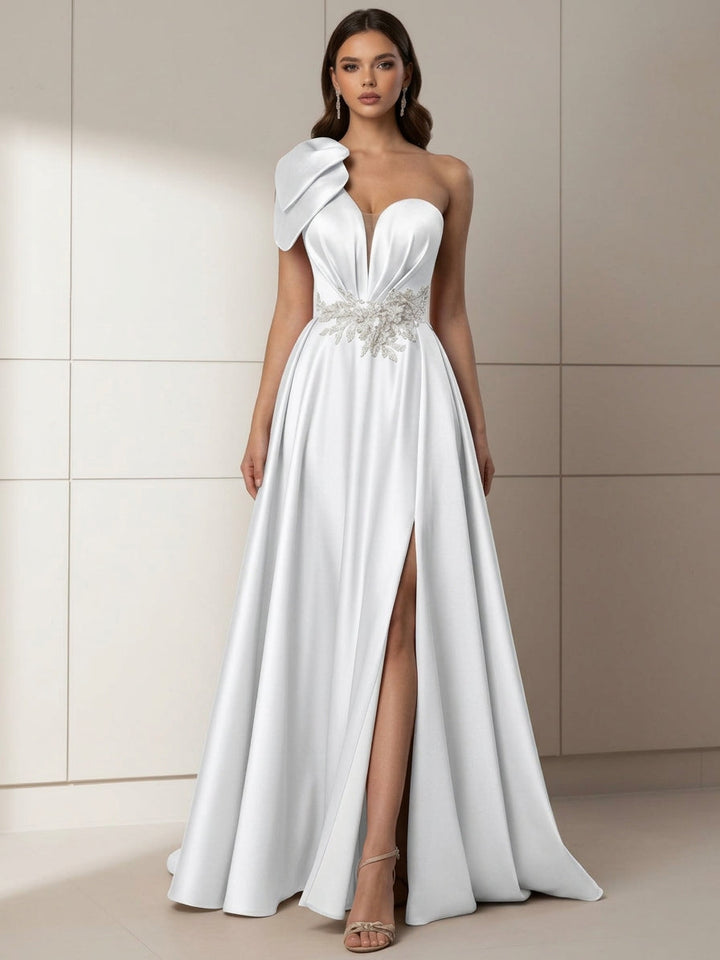 Robe soirée ligne A une épaule, satin, fente latérale, sans manches, perles, longueur sol