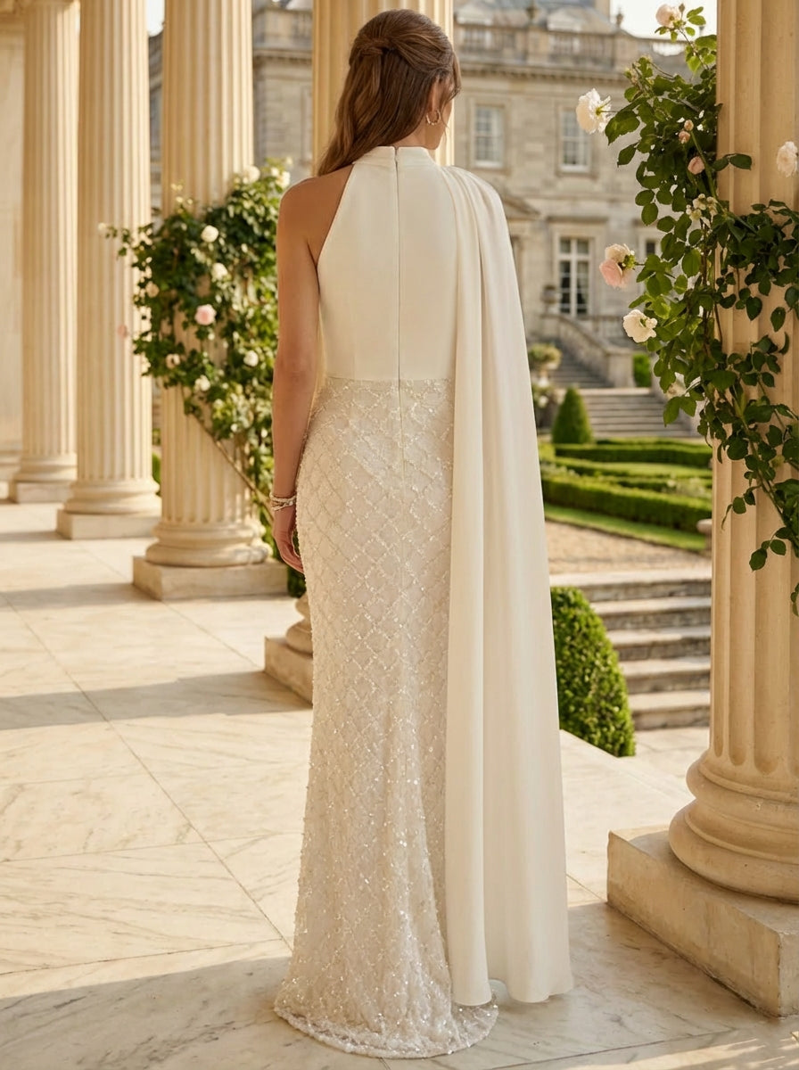 Robe soirée fourreau col haut, satin soie, manches cape, perles sequins, longueur sol