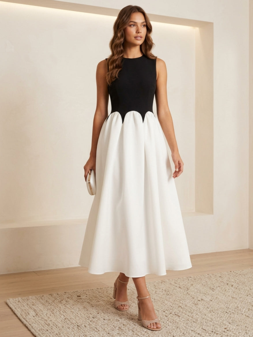 Robe cocktail ligne A col rond, mousseline satin stretch, sans manches, longueur midi