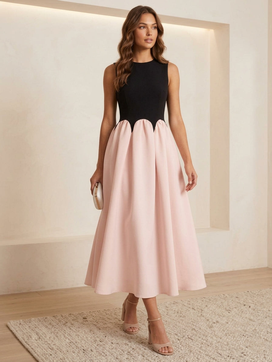 Robe cocktail ligne A col rond, mousseline satin stretch, sans manches, longueur midi