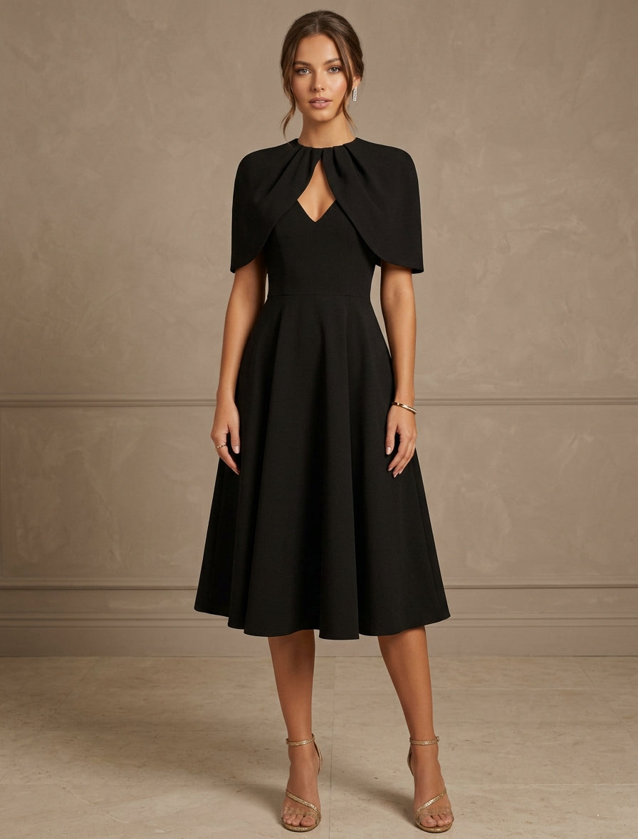 Robe cocktail ligne A col rond, satin stretch, manches cape, longueur midi, plissé