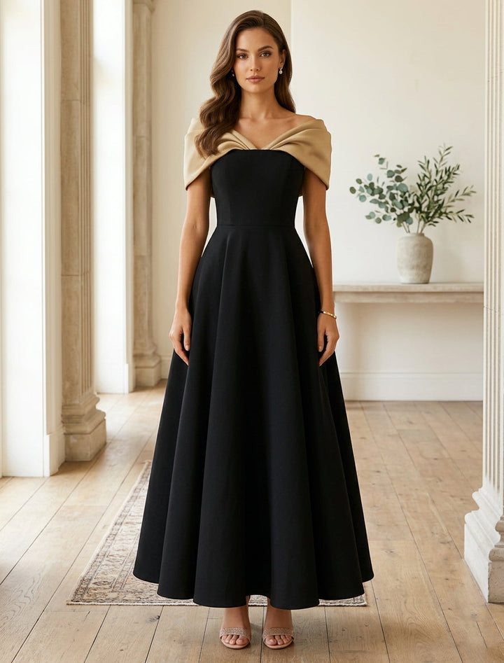 Robe cocktail ligne A manches tombantes, satin stretch, sans manches, longueur cheville