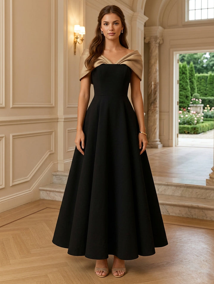 Robe cocktail ligne A manches tombantes, satin stretch, sans manches, longueur cheville
