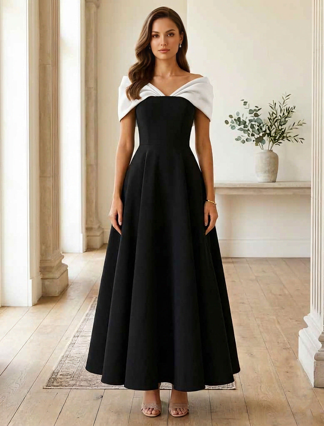 Robe cocktail ligne A manches tombantes, satin stretch, sans manches, longueur cheville