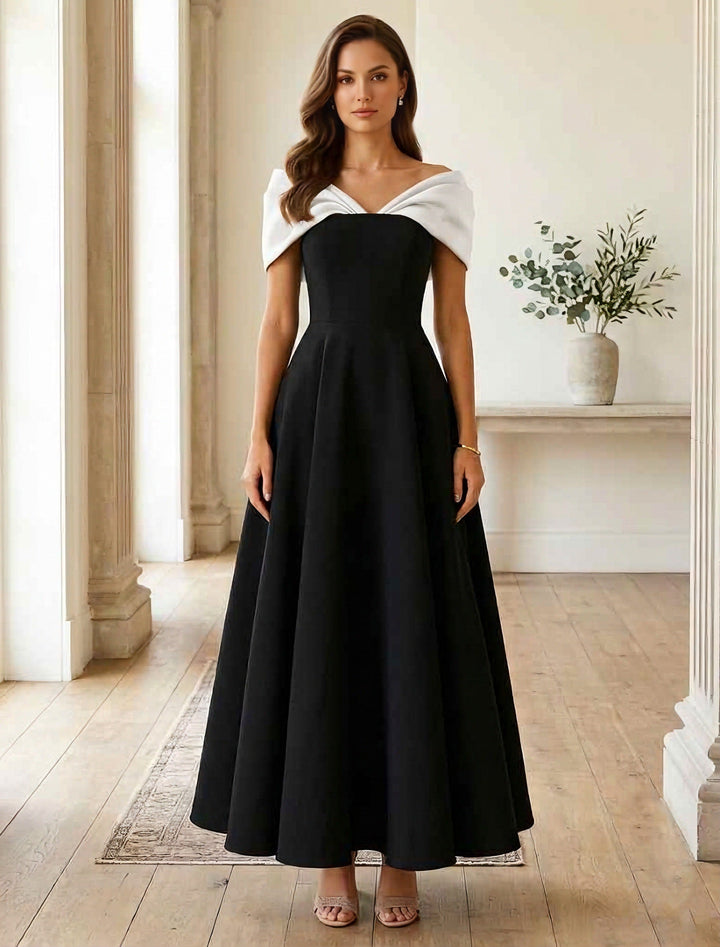 Robe cocktail ligne A manches tombantes, satin stretch, sans manches, longueur cheville