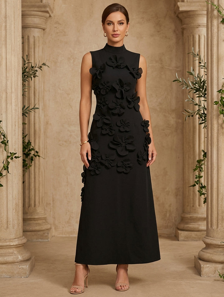 Robe cocktail ligne A satin stretch col haut, fleurs 3D, sans manches, longueur cheville