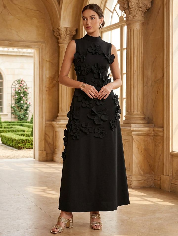 Robe cocktail ligne A satin stretch col haut, fleurs 3D, sans manches, longueur cheville
