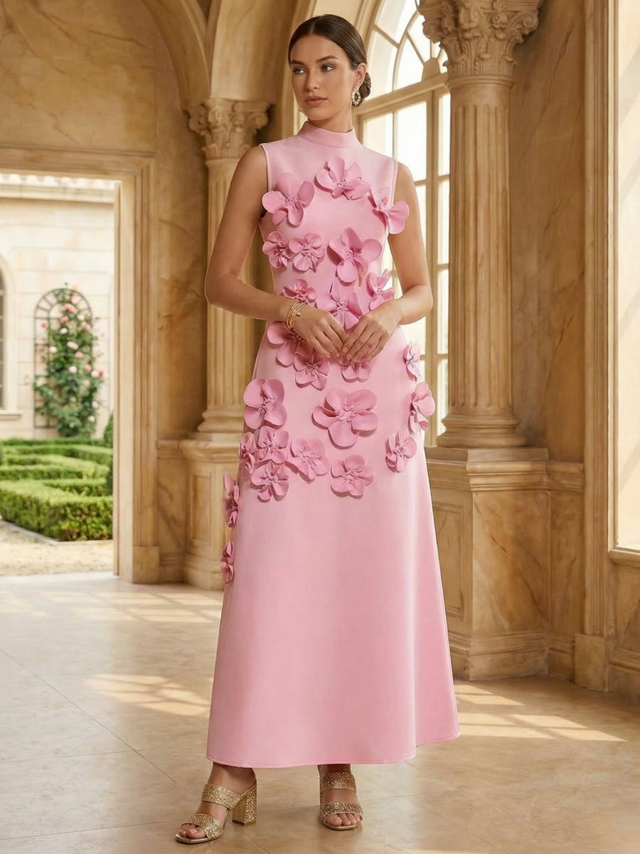 Robe cocktail ligne A satin stretch col haut, fleurs 3D, sans manches, longueur cheville
