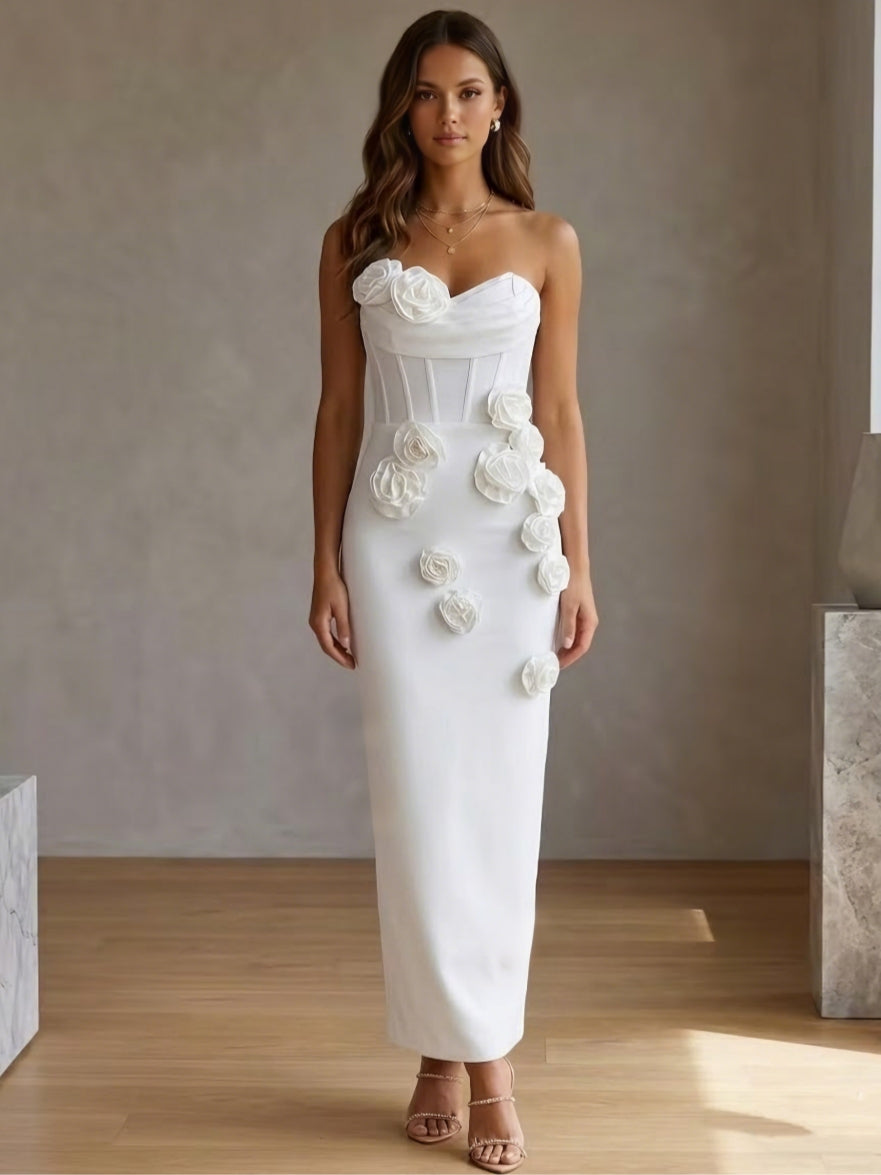 Robes de Cocktail, Gaine/Colonne, Satin Élastique, Sans Bretelles, Sans Manches, Longueur de la Cheville, 3D Fleurs